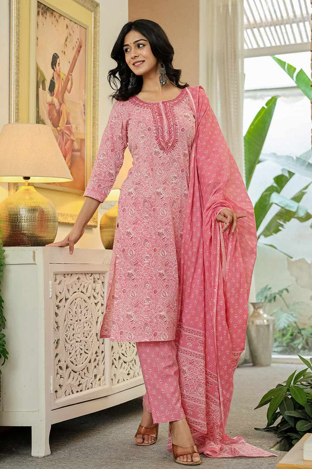 Pink Floral Print Cotton Kurti Pant Set