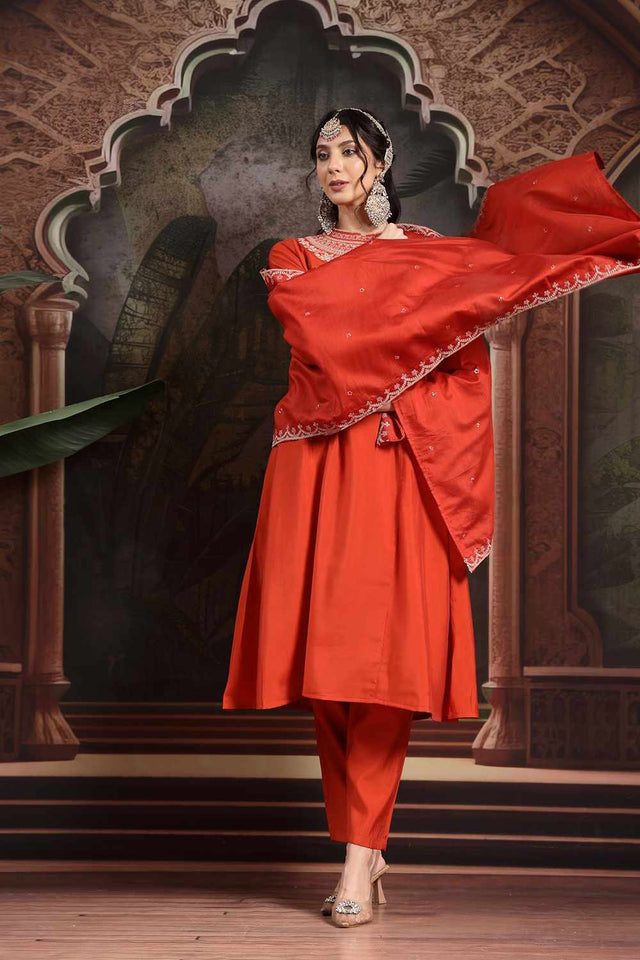 Orange Embroidery Silk Blend Kurti Pant Set