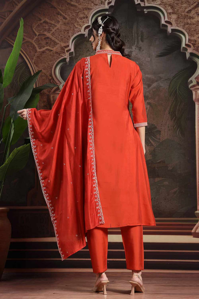 Orange Embroidery Silk Blend Kurti Pant Set