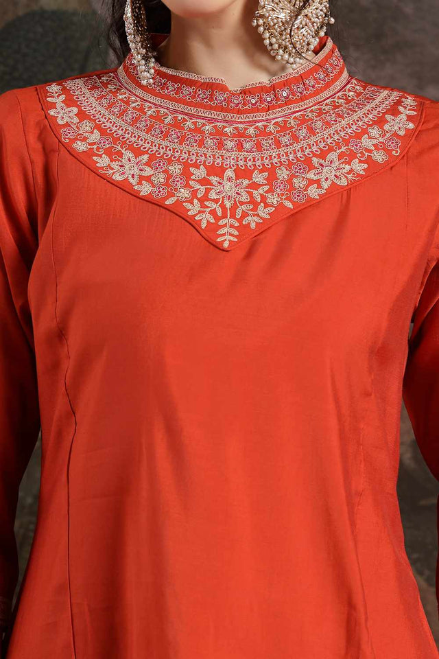 Orange Embroidery Silk Blend Kurti Pant Set