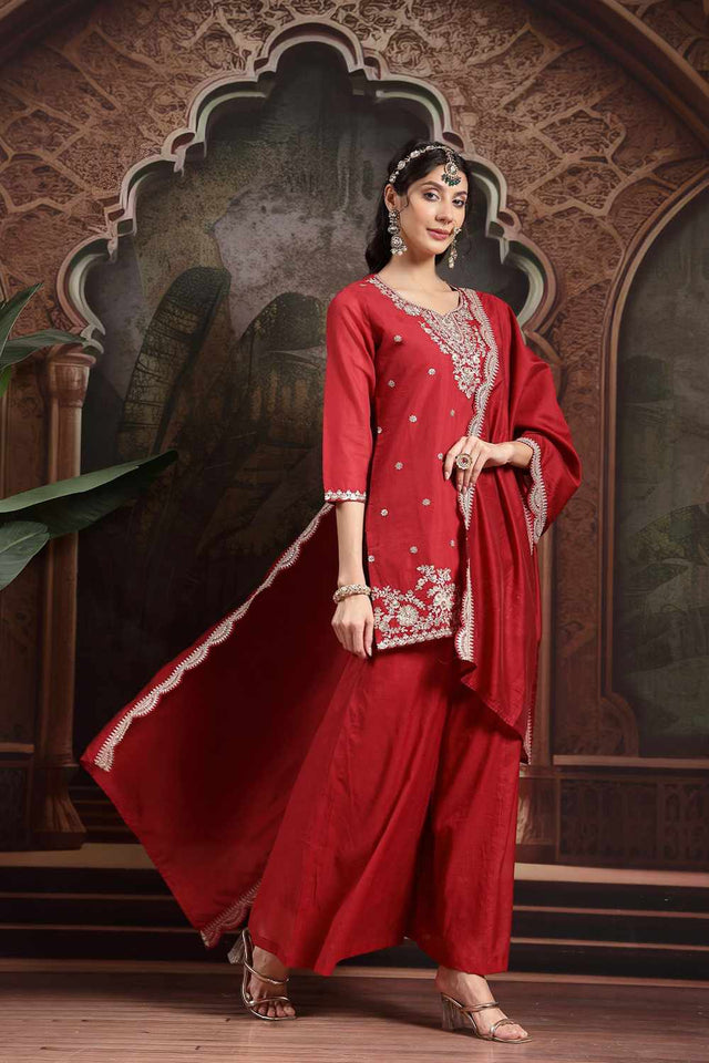 Red Embroidery Silk Blend Kurti Palazzo Set (6560SKDRD)