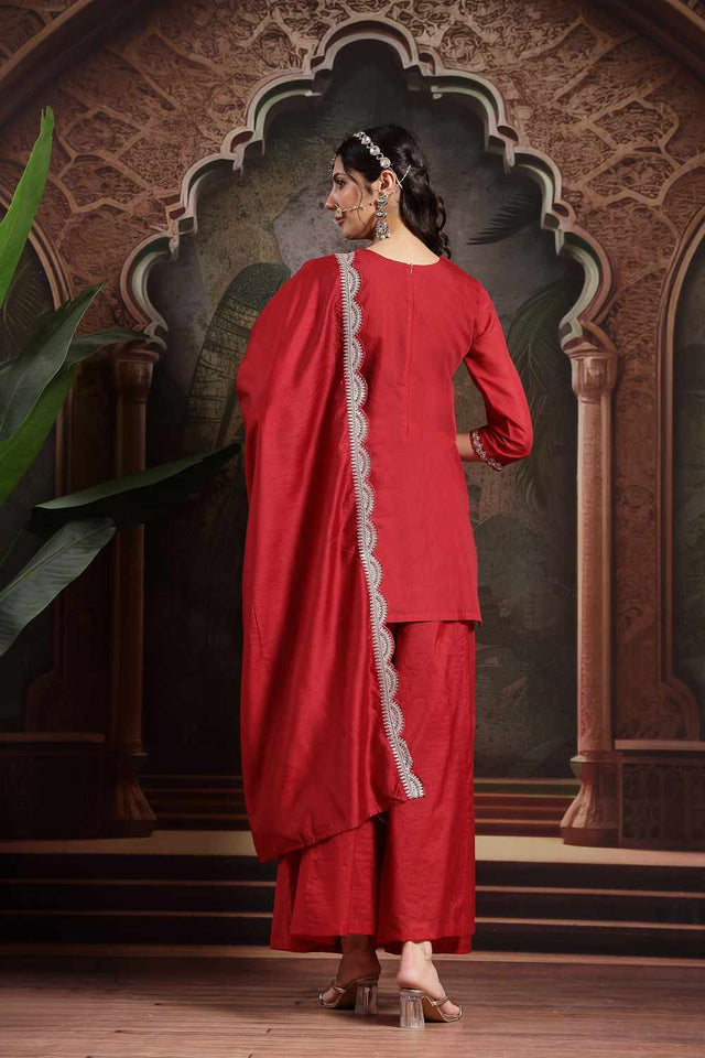 Red Embroidery Silk Blend Kurti Palazzo Set (6560SKDRD)