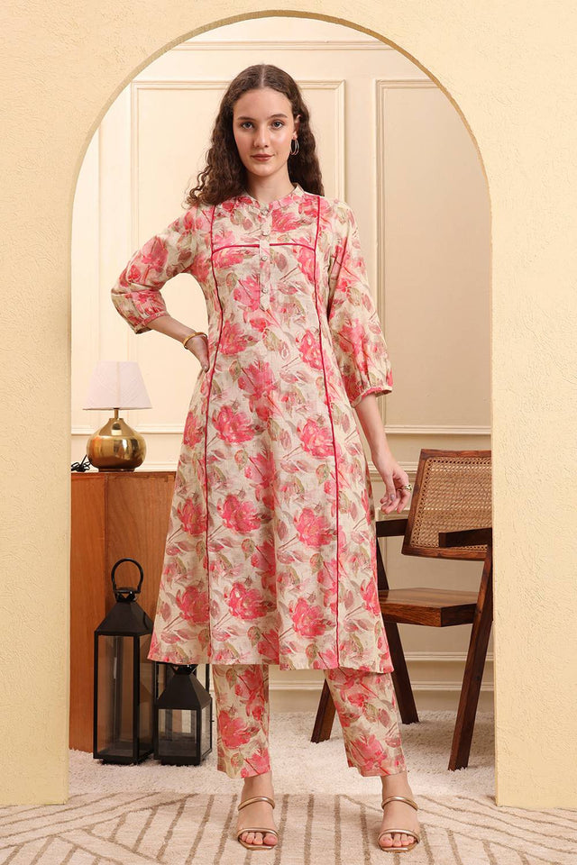Pink Floral Printed Linen Straight Cut Suit Set