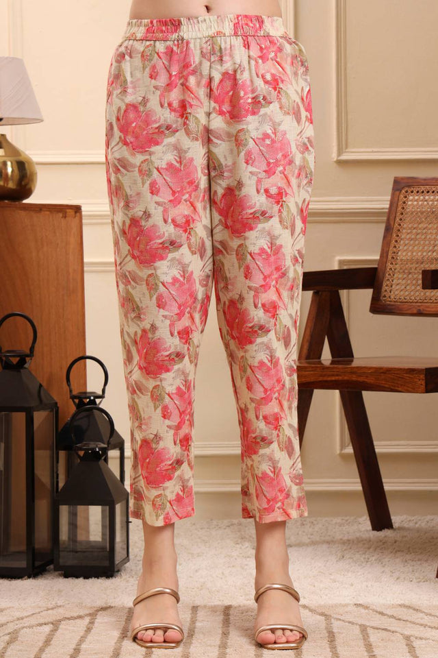 Pink Floral Printed Linen Straight Cut Suit Set