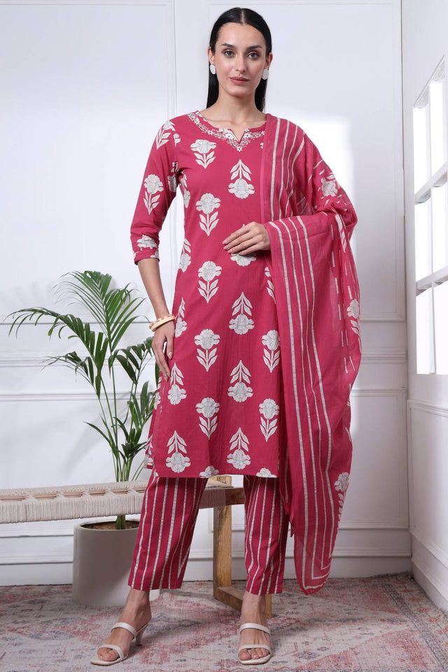 Pink Floral Printed Cotton Straight Cut Suit Set