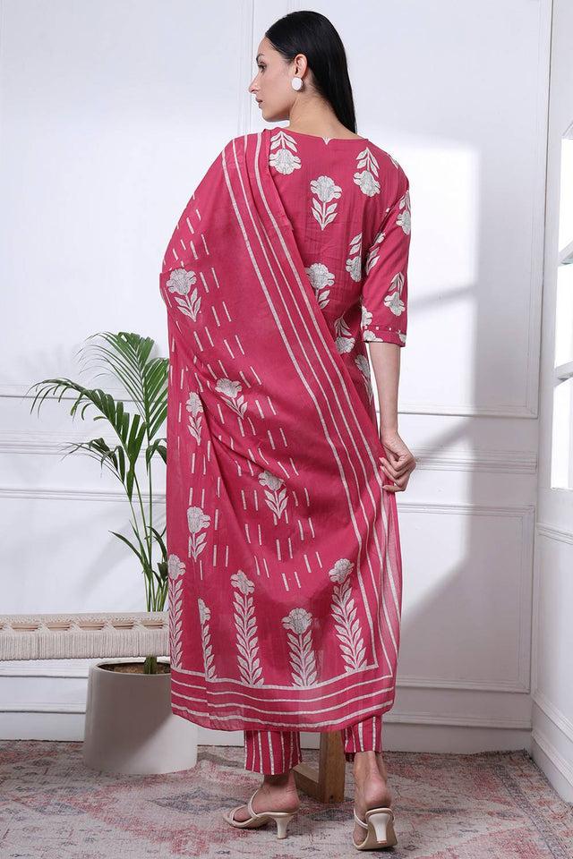 Pink Floral Printed Cotton Straight Cut Suit Set