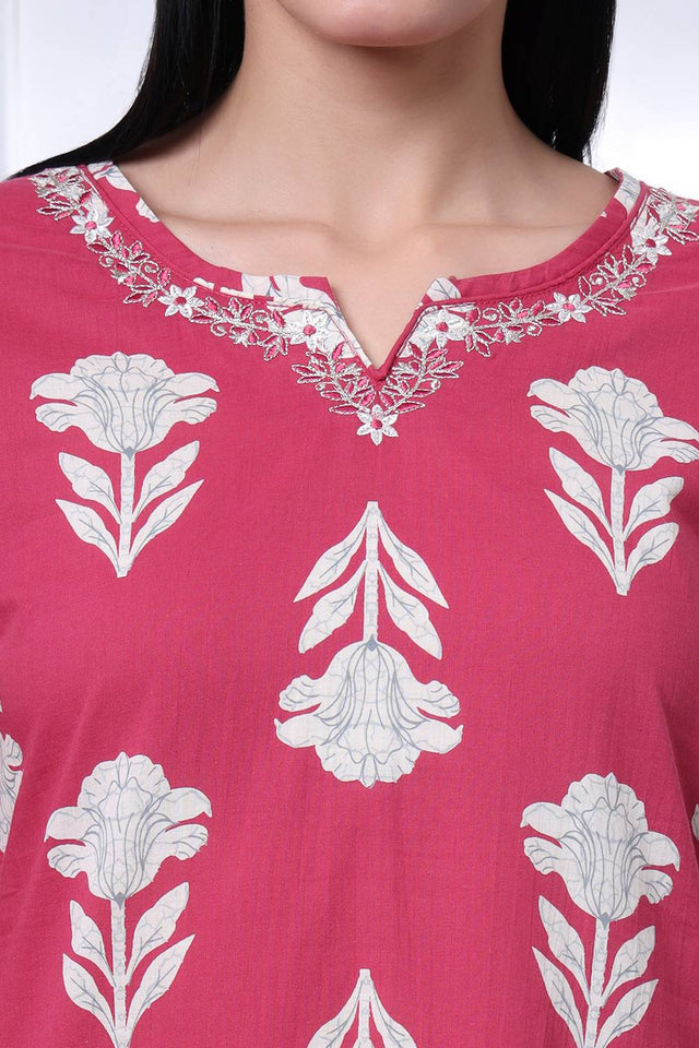 Pink Floral Printed Cotton Straight Cut Suit Set