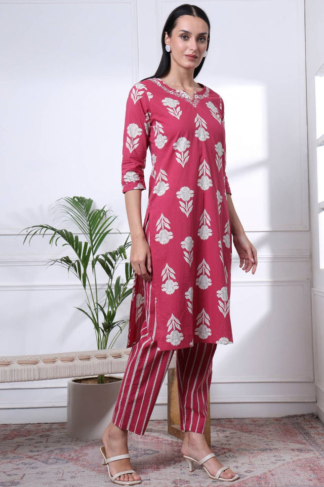 Pink Floral Printed Cotton Straight Cut Suit Set
