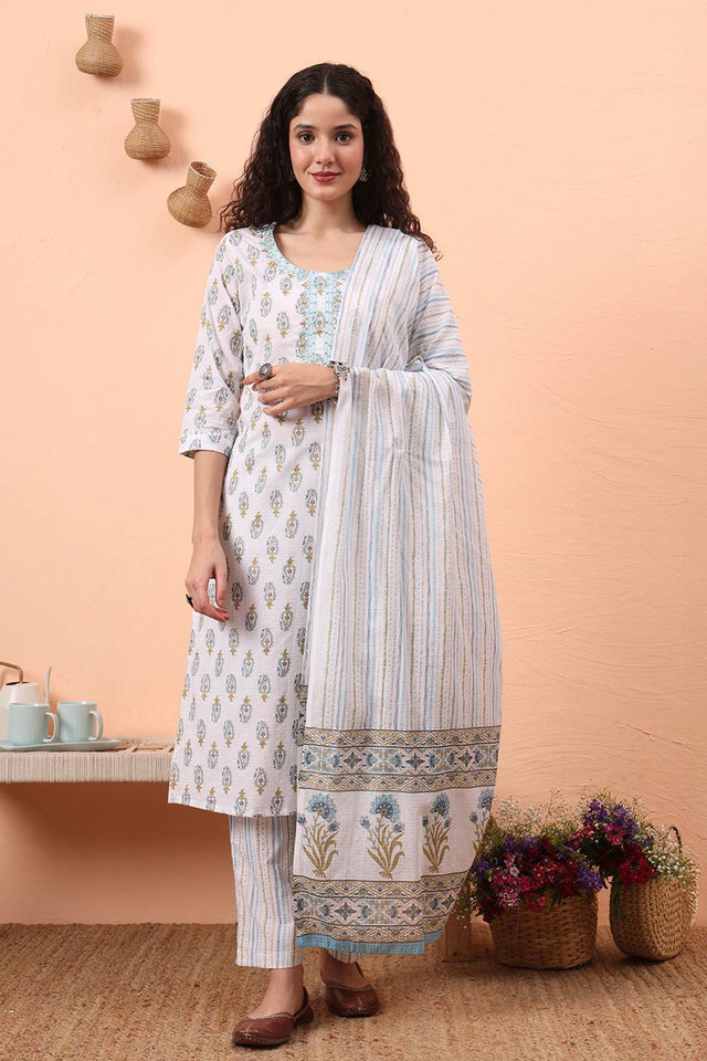 Multi Color Floral Printed Cotton Straight Cut Suit Set