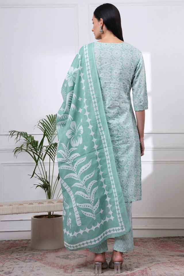Green Floral Printed Cotton Straight Cut Suit Set