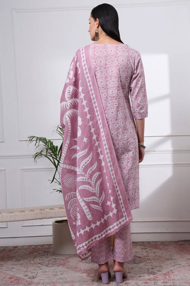 Mauve Floral Printed Cotton Straight Cut Suit Set
