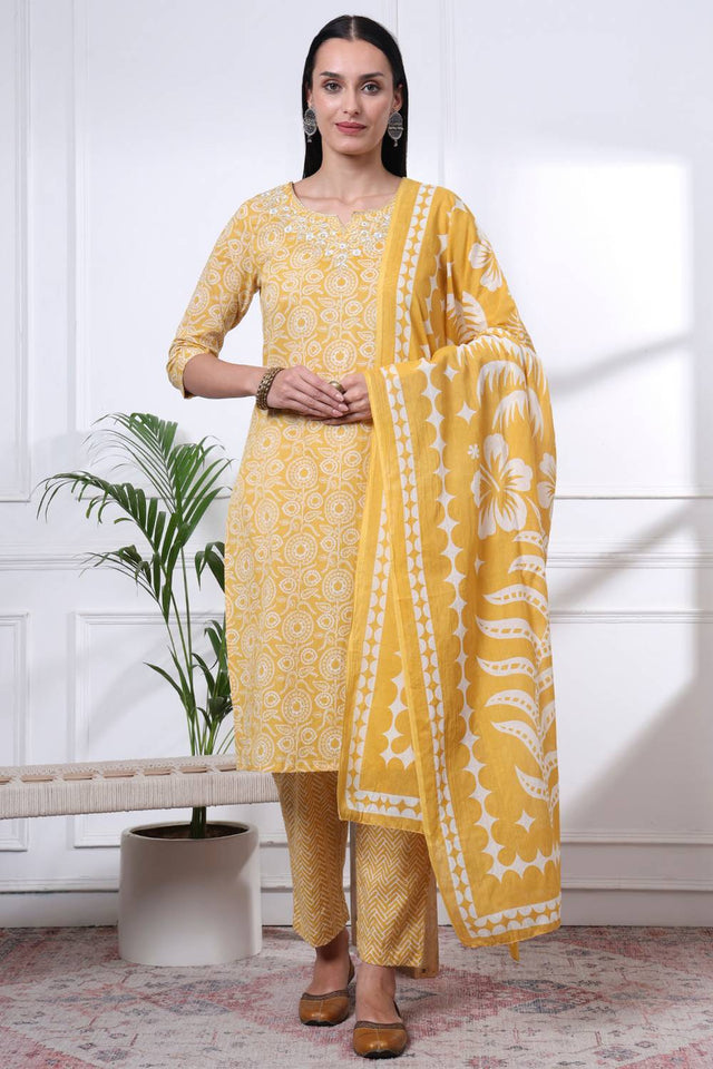 Yellow Floral Printed Cotton Straight Cut Suit Set