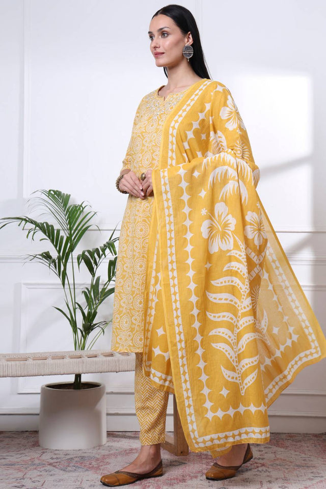 Yellow Floral Printed Cotton Straight Cut Suit Set