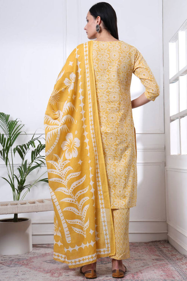 Yellow Floral Printed Cotton Straight Cut Suit Set