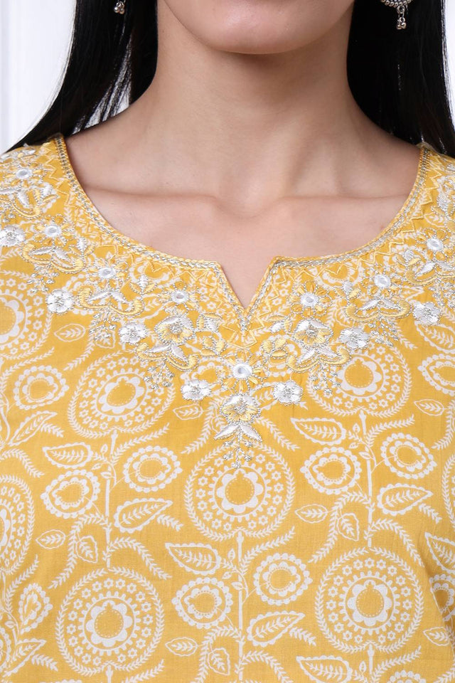 Yellow Floral Printed Cotton Straight Cut Suit Set