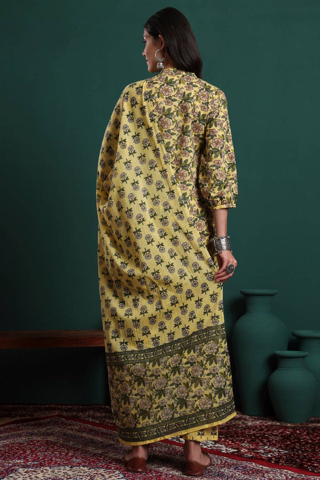 Yellow Floral Printed Cotton Straight Cut Suit Set