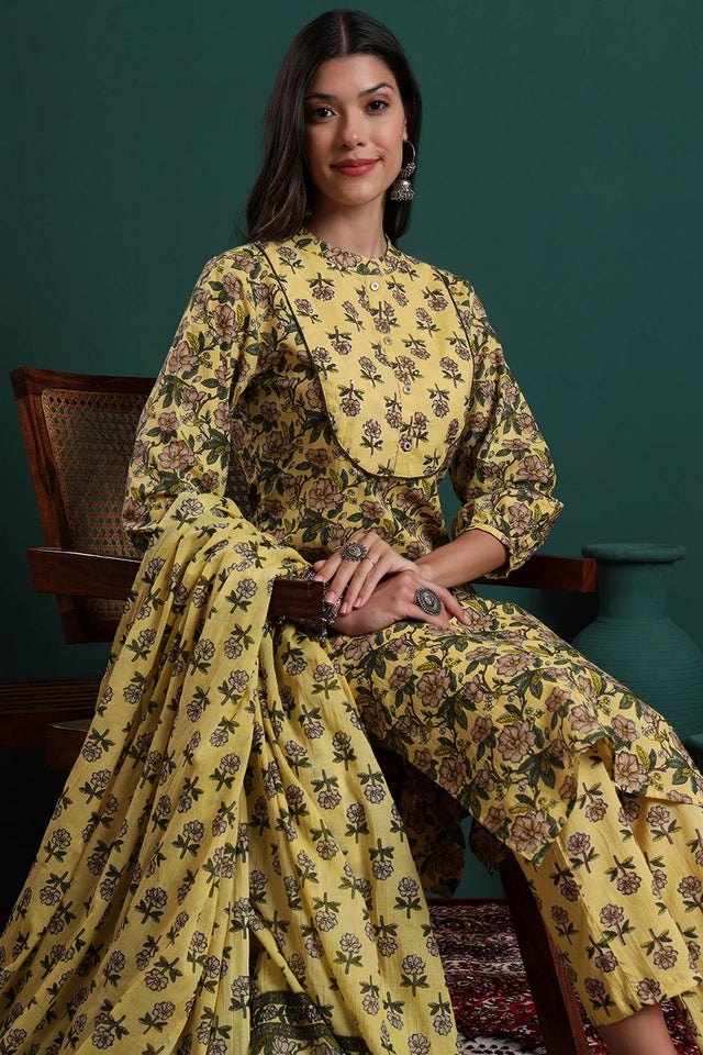 Yellow Floral Printed Cotton Straight Cut Suit Set