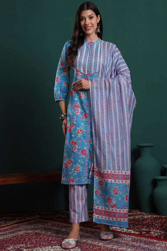 Turquoise Floral Printed Cotton Straight Cut Suit Set