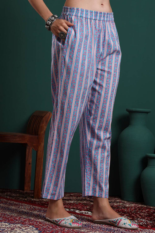 Turquoise Floral Printed Cotton Straight Cut Suit Set