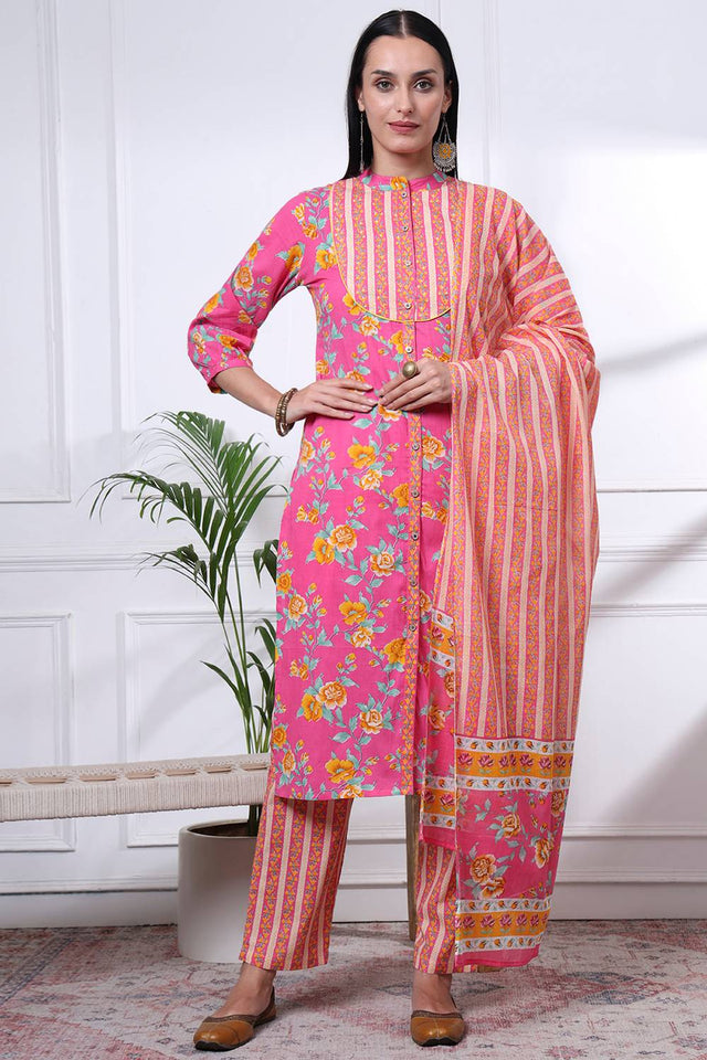 Pink Floral Printed Cotton Straight Cut Suit Set