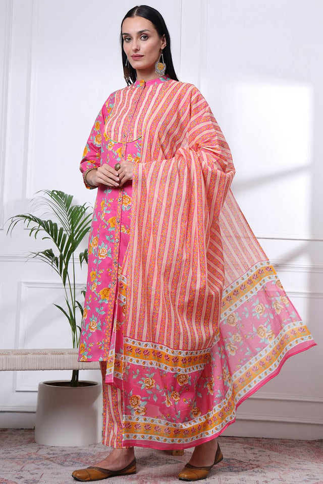 Pink Floral Printed Cotton Straight Cut Suit Set