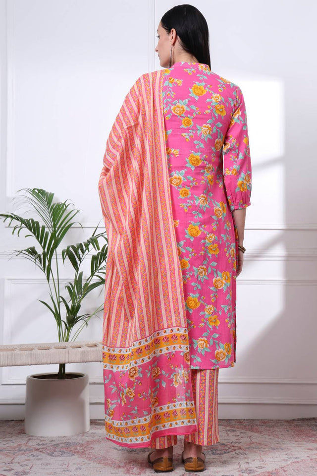 Pink Floral Printed Cotton Straight Cut Suit Set