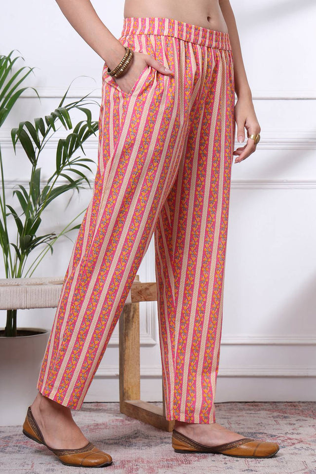 Pink Floral Printed Cotton Straight Cut Suit Set