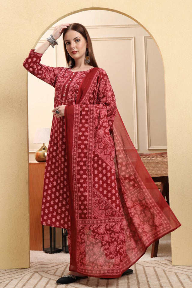 Maroon Floral Printed Cotton Straight Cut Suit Set
