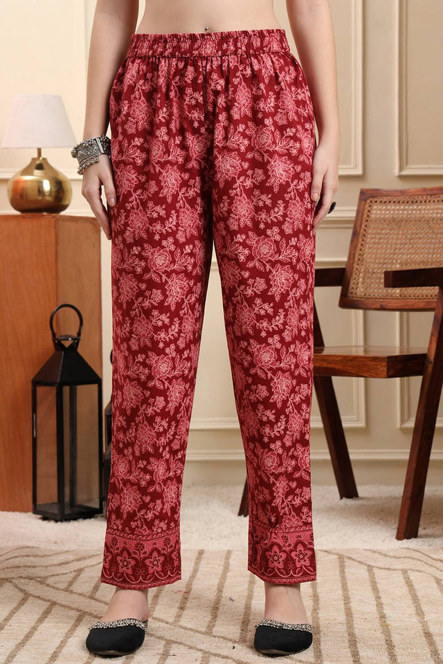 Maroon Floral Printed Cotton Straight Cut Suit Set