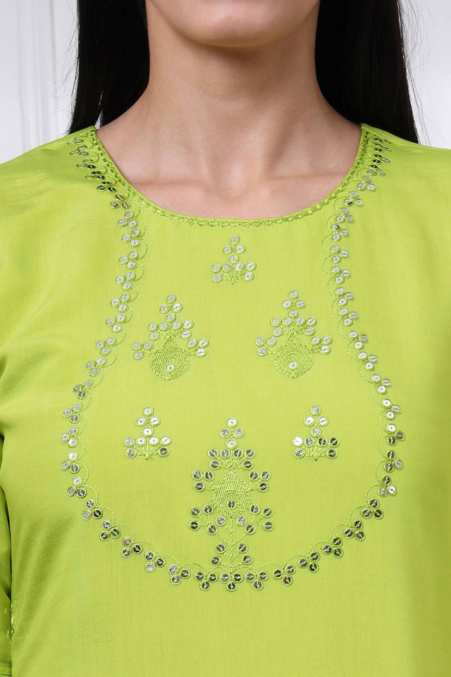 Green Sequin Silk Blend Straight Cut Suit Set