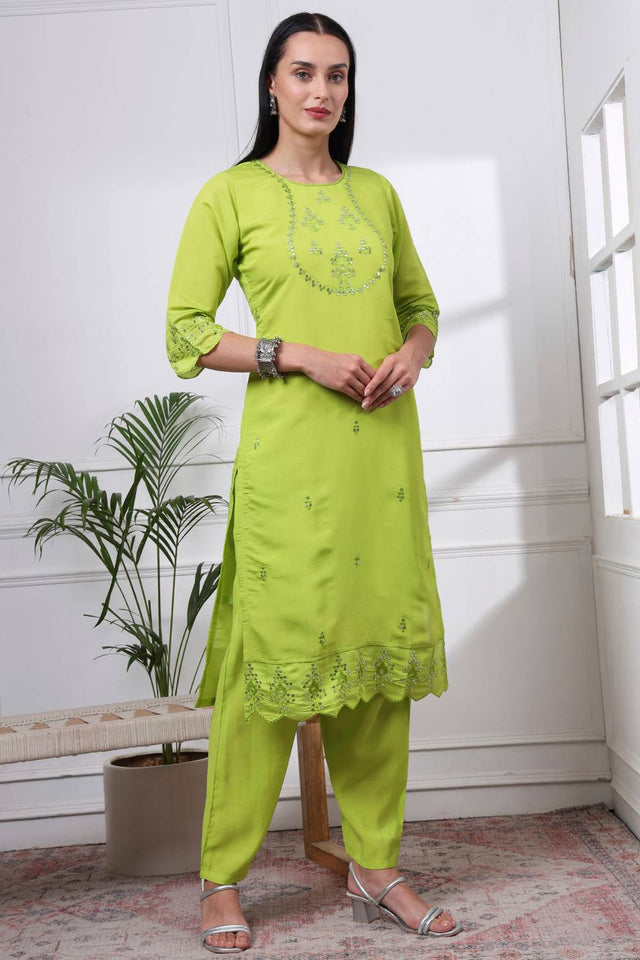 Green Sequin Silk Blend Straight Cut Suit Set