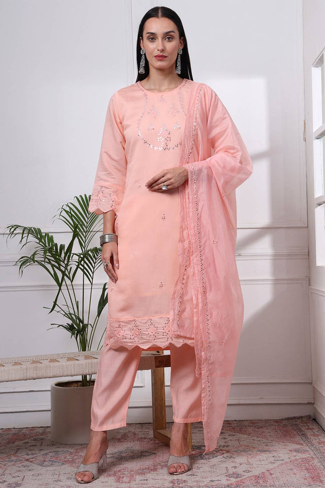 Peach Sequin Silk Blend Straight Cut Suit Set