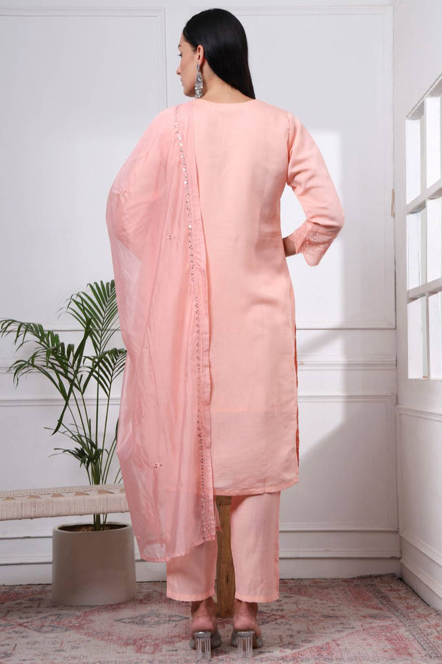 Peach Sequin Silk Blend Straight Cut Suit Set