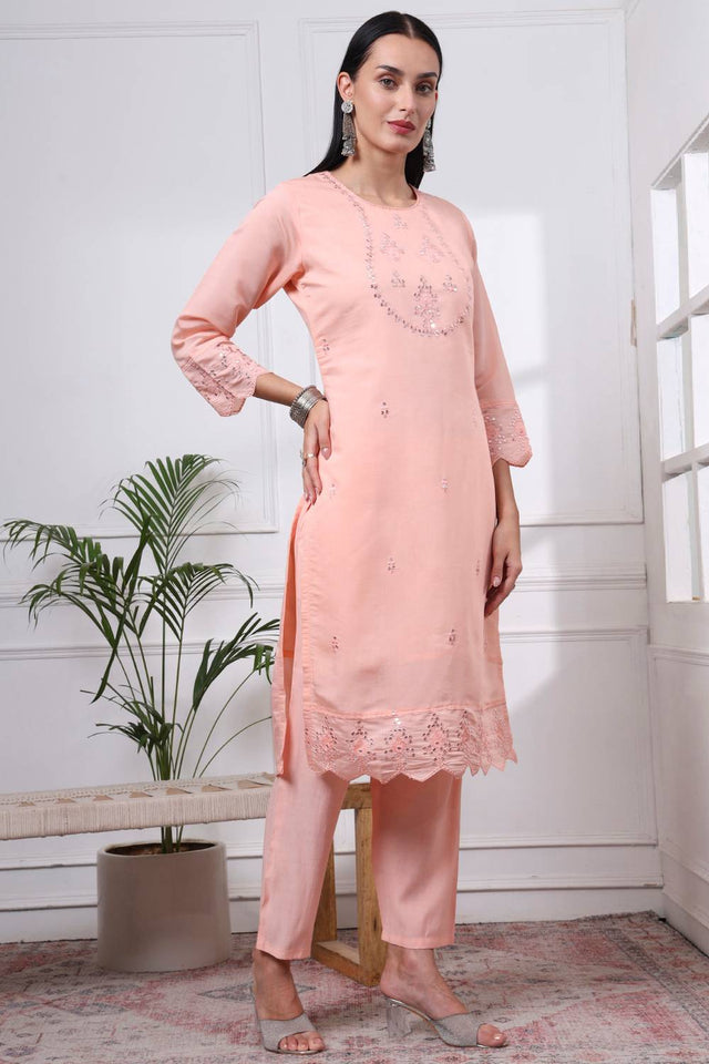 Peach Sequin Silk Blend Straight Cut Suit Set