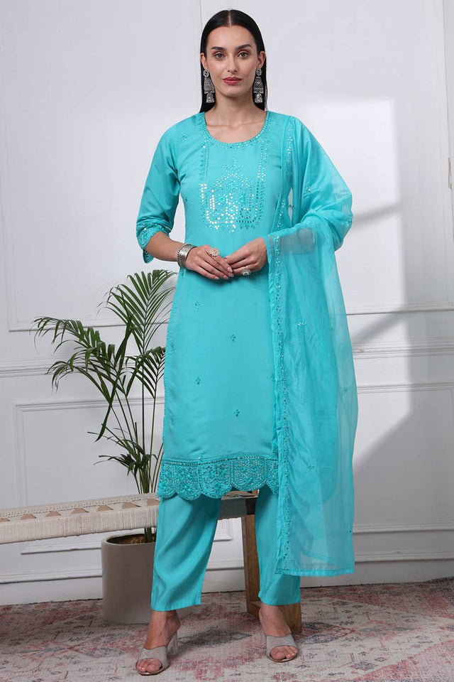 Sea Green Sequin Silk Blend Straight Cut Suit Set