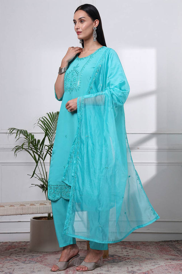 Sea Green Sequin Silk Blend Straight Cut Suit Set