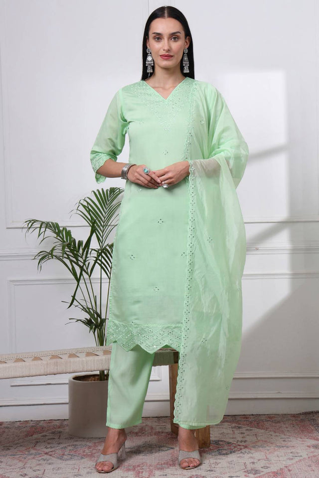 Light Green Sequin Silk Blend Straight Cut Suit Set
