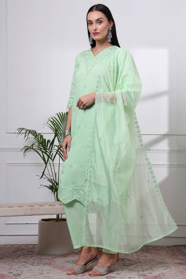 Light Green Sequin Silk Blend Straight Cut Suit Set