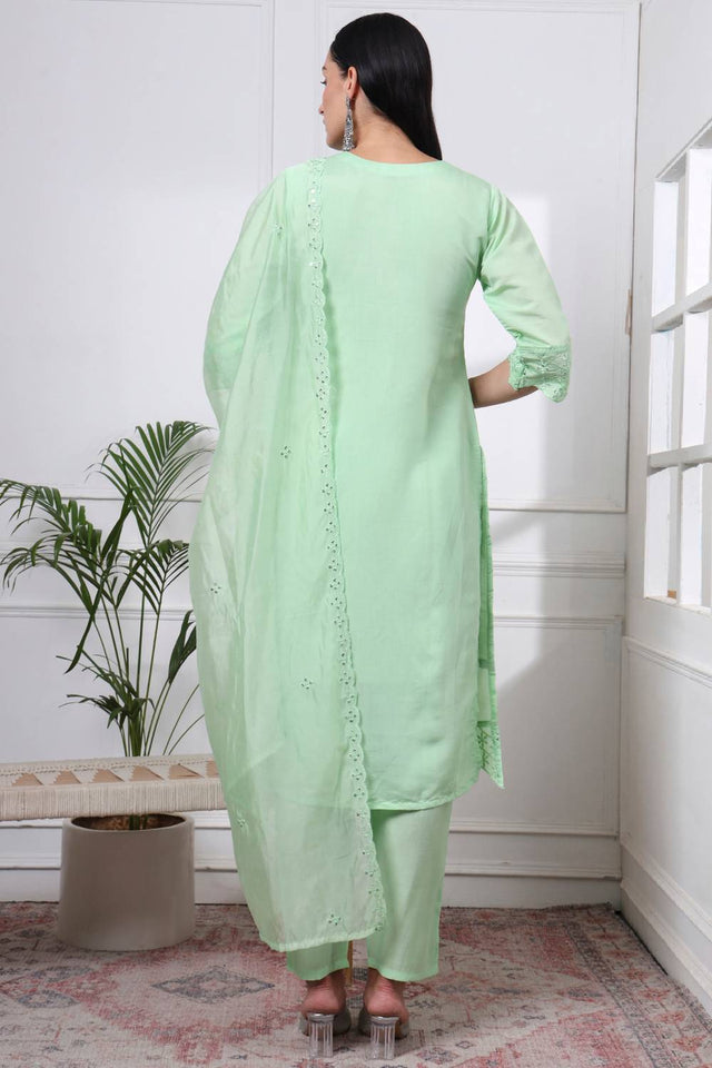 Light Green Sequin Silk Blend Straight Cut Suit Set