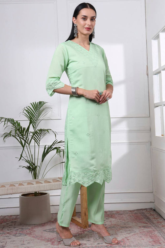 Light Green Sequin Silk Blend Straight Cut Suit Set