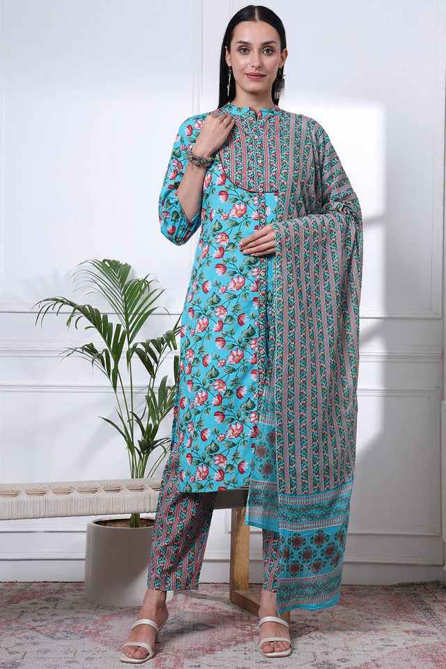 Turquoise Floral Printed Cotton Straight Cut Suit Set