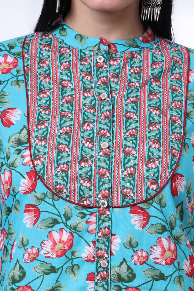 Turquoise Floral Printed Cotton Straight Cut Suit Set