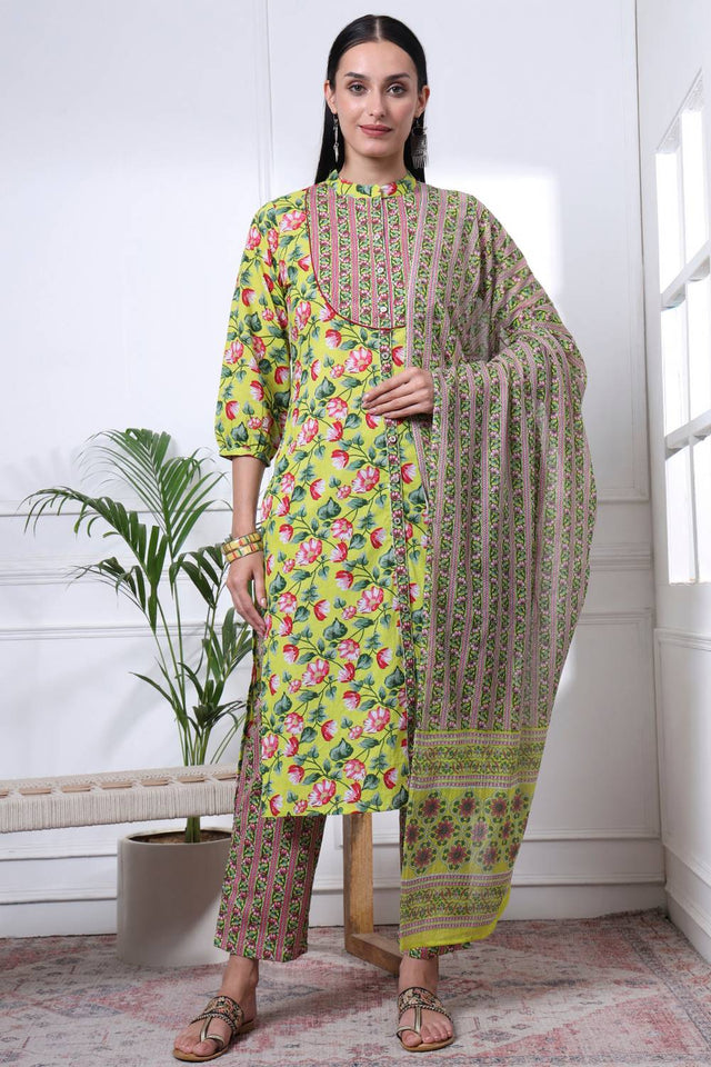 Yellow Floral Printed Cotton Straight Cut Suit Set