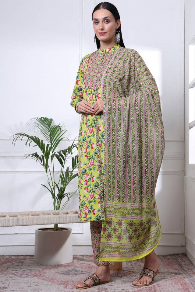 Yellow Floral Printed Cotton Straight Cut Suit Set