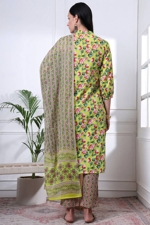 Yellow Floral Printed Cotton Straight Cut Suit Set