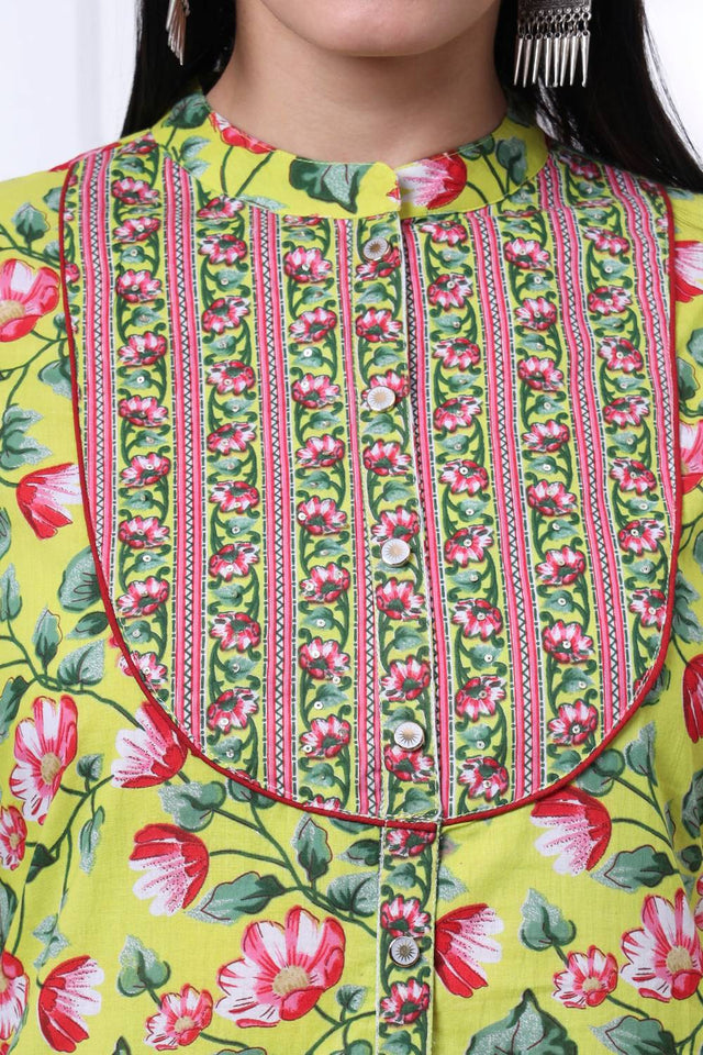 Yellow Floral Printed Cotton Straight Cut Suit Set