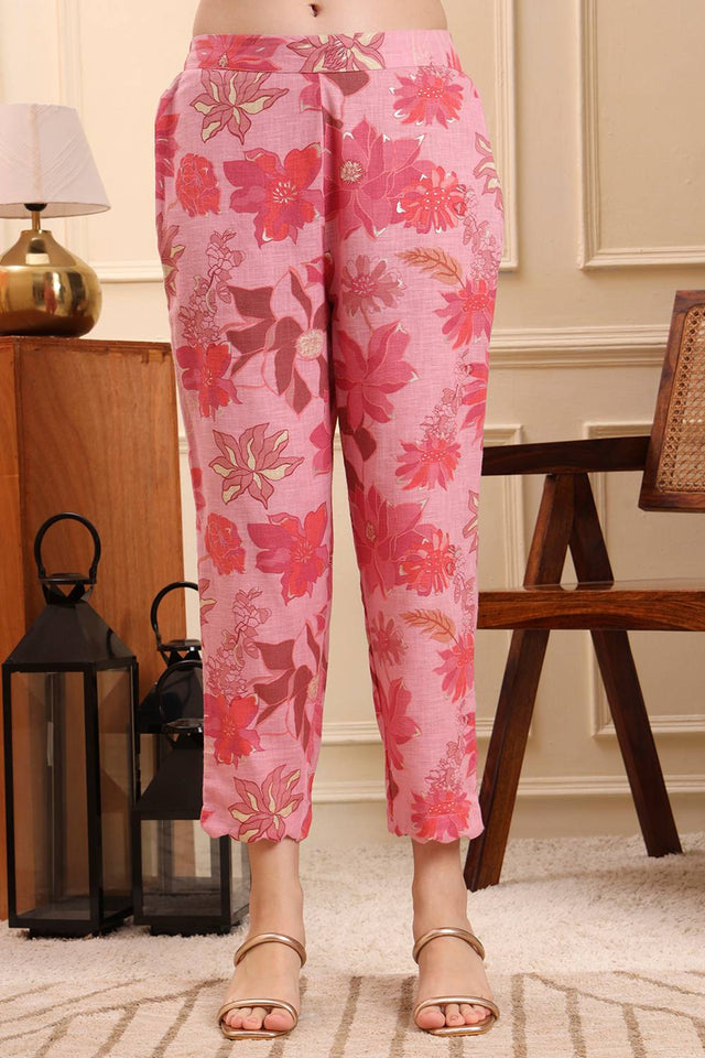 Pink Floral Printed Cotton Straight Cut Suit Set