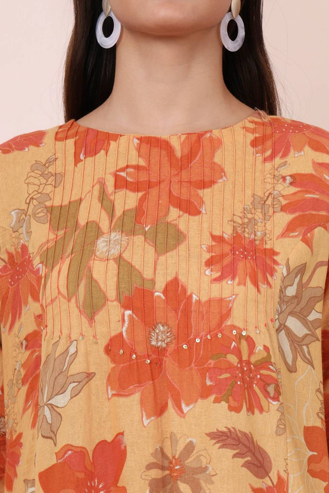 Mustard Floral Printed Linen Straight Cut Suit Set