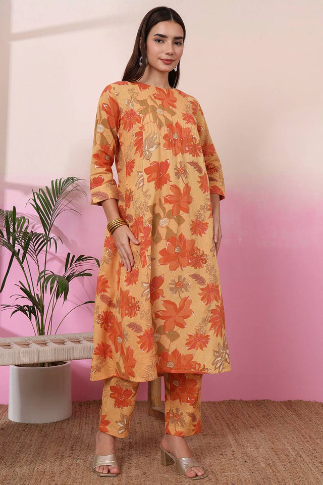 Mustard Floral Printed Linen Straight Cut Suit Set