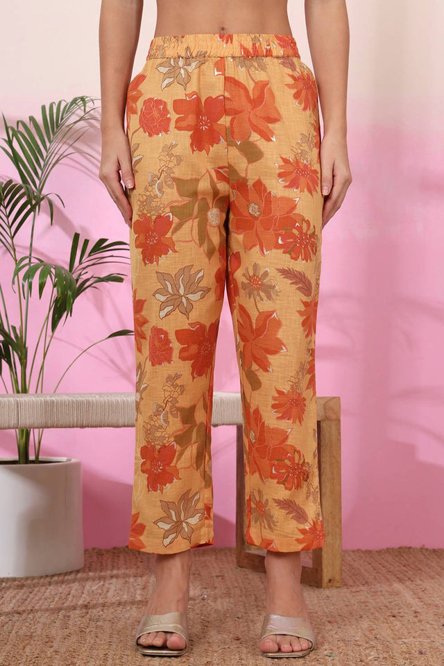 Mustard Floral Printed Linen Straight Cut Suit Set